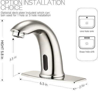 Touchless Bathroom Sink Faucet Automatic Motion Sensor Hands Free Faucet with Hole Cover Plate and Temperature mixing water valve,Commercial Solid Brass Faucet,1 Hole or 3 Hole, AC/DC Powered (Nickel)
