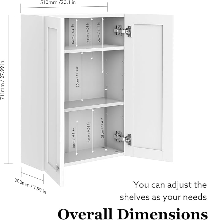 Bathroom Cabinet Wall Mounted Over Toilet Storage Cabinet 20x28 inch White Medicine Cabinets for Wall Mount Space Saver Bathroom Storage Cabinet with 2 Adjustable Shelves & 2 Doors