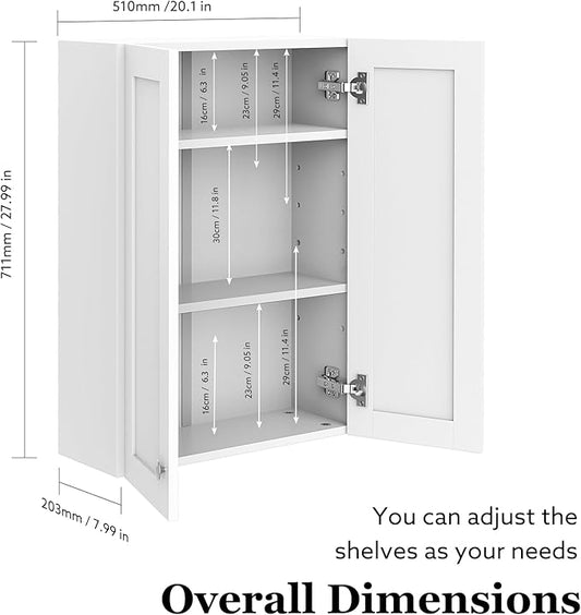 Bathroom Cabinet Wall Mounted Over Toilet Storage Cabinet 20x28 inch White Medicine Cabinets for Wall Mount Space Saver Bathroom Storage Cabinet with 2 Adjustable Shelves & 2 Doors