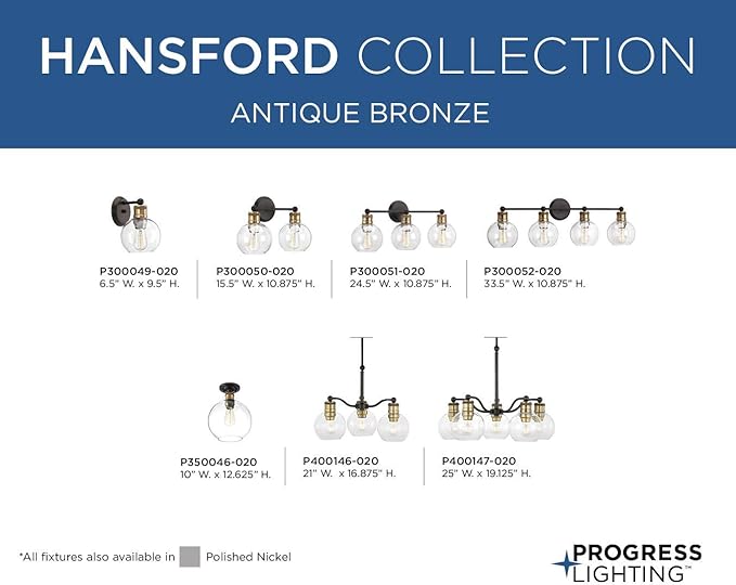 Progress Lighting P300049-020 Hansford Bath & Vanity, 1-Light, Antique Bronze