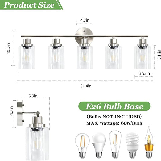 5-Light Bathroom Vanity Lights, E26 Modern Brushed Nickel Bathroom Light Fixtures with Clear Glass Shade, Mirror Kitchen Hallway Cabinet Living Room Sconces Wall Lights