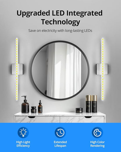 Combuh LED Bathroom Vanity Light Bar Dimmable IP44 Over Mirror Lighting Fixture 24Inch Wall Sconces Indoor 14W Modern Cool White 6000K Chrome