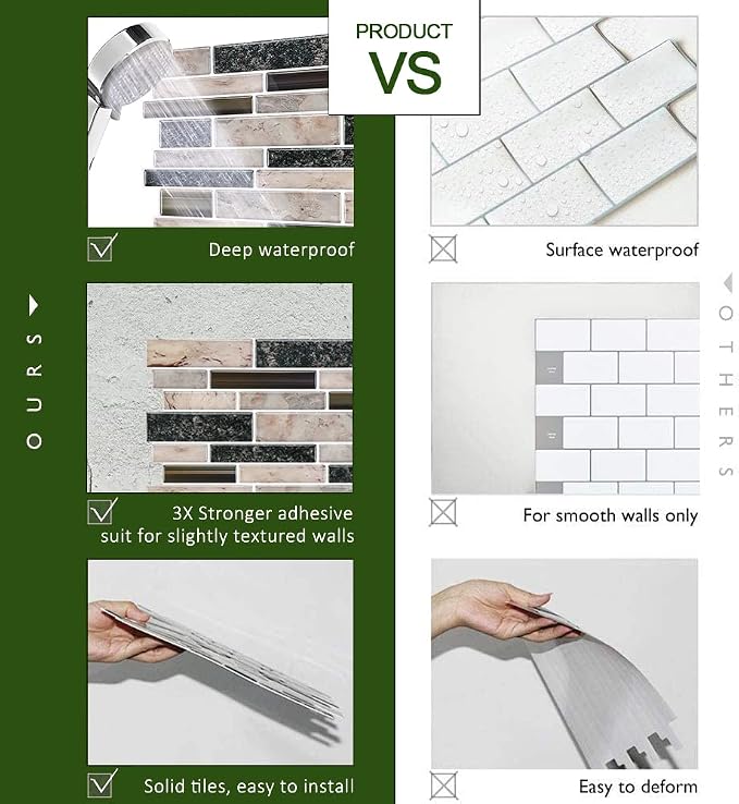 STICKGOO Thicker Design Peel and Stick Tile Backsplash, 12”×12”Stick on Backsplash for Kitchen, Self Adhesive Tile for Kitchen Backsplash and Bathroom(10 Sheets, Gray)