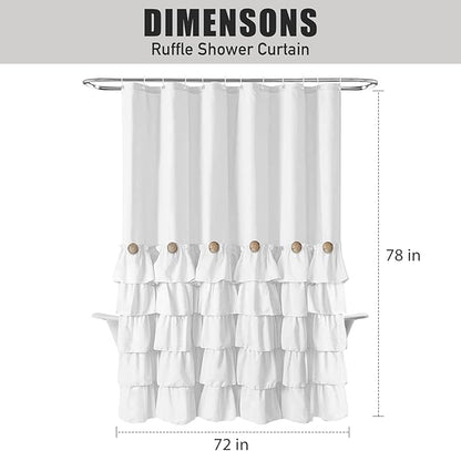 Seasonwood White Ruffle Shower Curtain Farmhouse Shower Curtain 72 X 78 inch Fabric Shower Curtains with Buttons & White Ruffles for Bathroom Bathtubs Decor Accessory