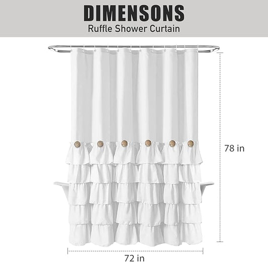 Seasonwood White Ruffle Shower Curtain Farmhouse Shower Curtain 72 X 78 inch Fabric Shower Curtains with Buttons & White Ruffles for Bathroom Bathtubs Decor Accessory