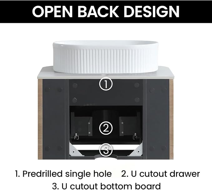 24" Preassembled Floating Bathroom Vanity with White Sink, Oak | Mid-Century Modern Style, Fluted & Soft-Close Drawer with U-shaped Wall, Sinterted Stone Countertop, Towel Rack Included