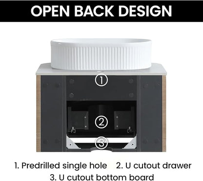 24" Preassembled Floating Bathroom Vanity with White Sink, Oak | Mid-Century Modern Style, Fluted & Soft-Close Drawer with U-shaped Wall, Sinterted Stone Countertop, Towel Rack Included