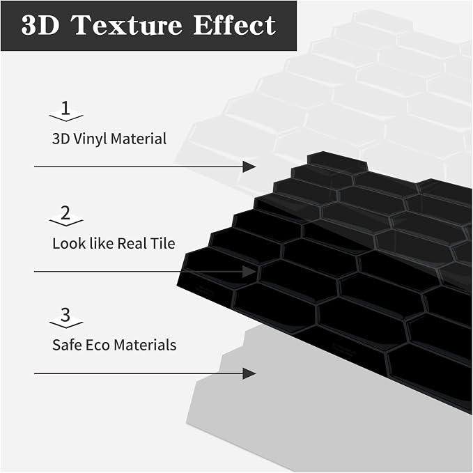 10-Sheet Long Hexagon Peel and Stick Kitchen Backsplash Tiles | 3D Waterproof Self-Adhesive Wall Tile Stick on Backsplash for Kitchen, Bathroom, Fireplace,RV(Black,12"×12")