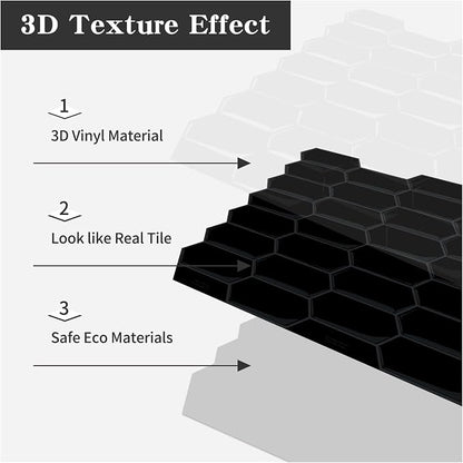 10-Sheet Long Hexagon Peel and Stick Kitchen Backsplash Tiles | 3D Waterproof Self-Adhesive Wall Tile Stick on Backsplash for Kitchen, Bathroom, Fireplace,RV(Black,12"×12")