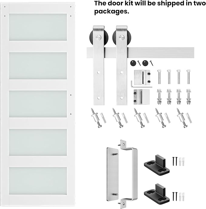 34'' x 84'' Glass Barn Door and 6FT Brushed Nickel Hardware Kit | MDF White Barn Door Slab with Frosted Glass, PVC Surface, Combined with Handle and Floor Guide-Assembly Required