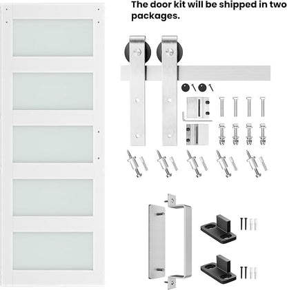 34'' x 84'' Glass Barn Door and 6FT Brushed Nickel Hardware Kit | MDF White Barn Door Slab with Frosted Glass, PVC Surface, Combined with Handle and Floor Guide-Assembly Required