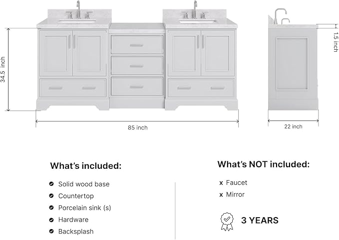 ARIEL Stafford 84-inch Bathroom Vanity with Sink,Solid Wood, 1.5in Italian Carrara Marble Countertop & Backsplash, Double Rectangular Porcelain Sink, 4 Soft Closing Doors, 5 Dovetail Drawers, Grey
