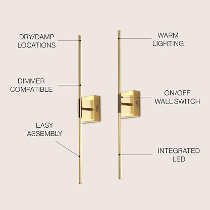JONATHAN Y 28" Brass Gold Modern Dimmable Integrated LED Wall Sconce, Metal Vanity Light for Bathroom Mirror Bedroom Hallway, Sleek Hardwired Wall Lamp Fixture, 3000K (JYL7022B-SET2)