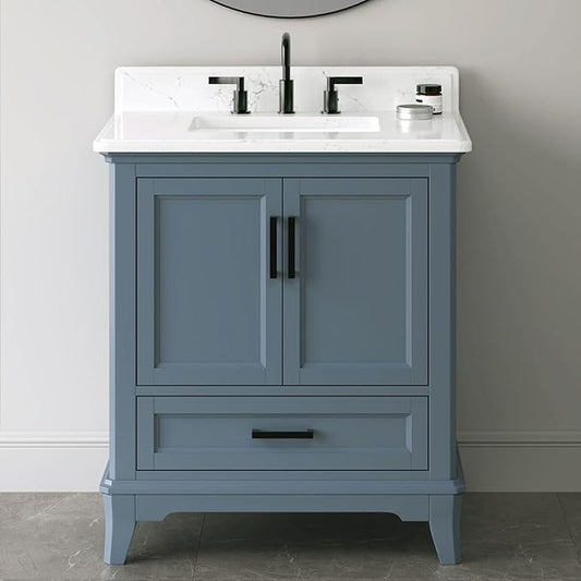 30 Inch Bathroom Vanity with Sink, 30 Inch Vanity with Adjustable Feets, Bathroom Storage Cabinet with Soft Closing Doors & Dovetail Drawers, Solid Wood Frame, Steel Blue