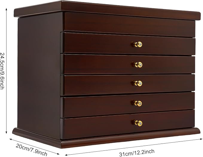 Extra Large Four-Leaf Carved 6 Layers Wooden Jewelry Box Jewelry Case Cabinet Armoire Ring Necklacel Gift Storage Box Organizer (Brown)