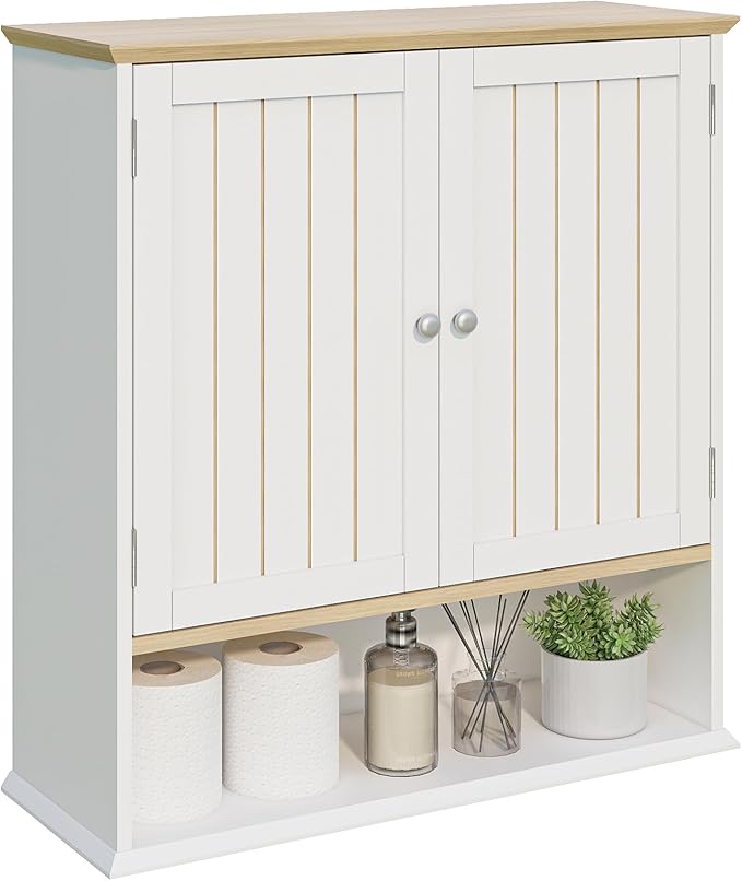 Wall Cabinet with 2 Doors & Open Shelf – Space Saving Medicine Cabinet, Wooden Wall Mounted Storage Cupboard for Bathroom Organization White