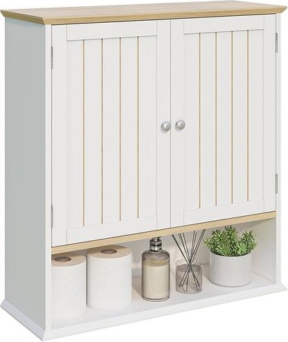 Wall Cabinet with 2 Doors & Open Shelf – Space Saving Medicine Cabinet, Wooden Wall Mounted Storage Cupboard for Bathroom Organization White