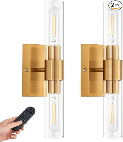 Gold Battery Operated Wall Sconce Set of 2 with Remote Control, 12000mAh Rechargeable Wall Lights, Wireless Dimmable Wall Lamps for Bedroom Living Room Bathroom Hallway Entryway Stairwell