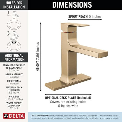 Delta Velum Brushed Gold Bathroom Faucet 1 Hole, Single Hole Bathroom Sink Faucet for Vanity, Metal Push-Pop Drain Assembly, Champagne Bronze 537-CZMPU-DST