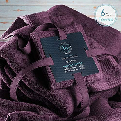Hearth & Harbor Bath Towels for Bathroom - 100% Ring Spun Cotton Luxury Bathroom Towels - Ultra Soft & Highly Absorbent, Bath Towels Set of 6 - Purple Eggplant