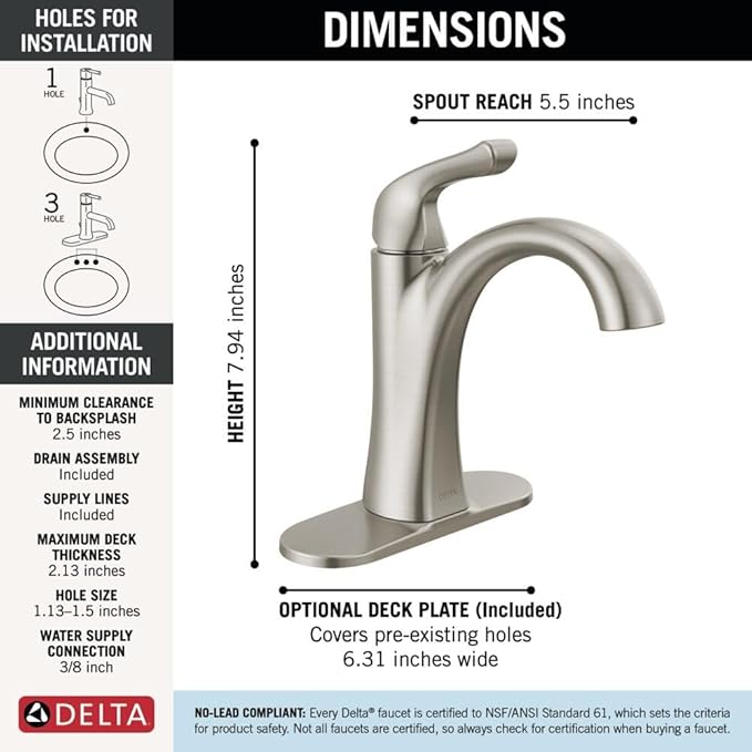 Delta Arvo Brushed Nickel Bathroom Faucet 1 Hole, Single Hole Bathroom Sink Faucet for Vanity, Push-Pop Drain Assembly, Spotshield Stainless 15840LF-SP