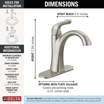 Delta Arvo Brushed Nickel Bathroom Faucet 1 Hole, Single Hole Bathroom Sink Faucet for Vanity, Push-Pop Drain Assembly, Spotshield Stainless 15840LF-SP