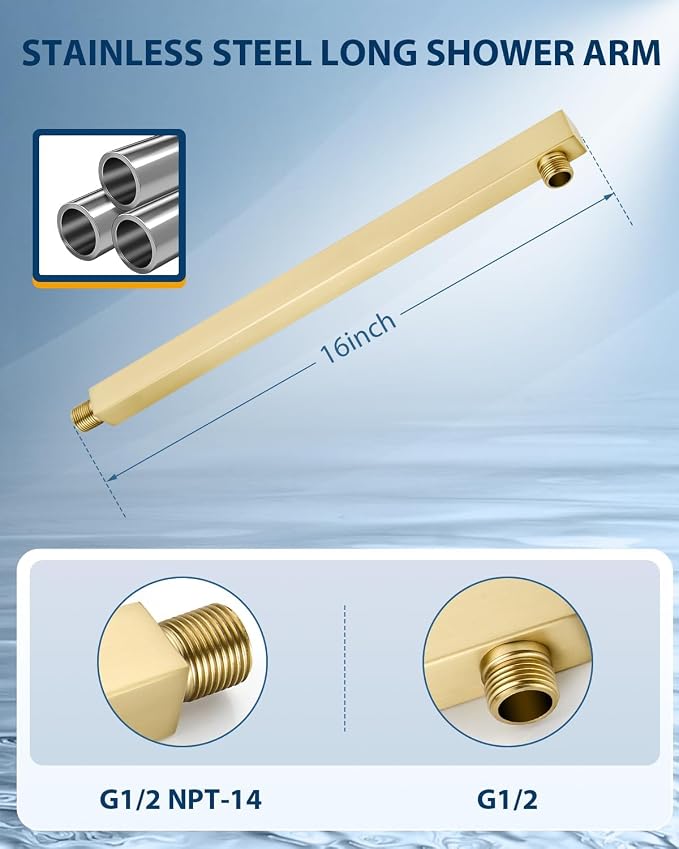 12 Inch Brushed Gold Rain Shower Head with Extension Arm, Rainfall Square Showerhead with 16 Inch Shower Arm All Stainless Steel, 144 Outlets Waterfall Full Body Coverage
