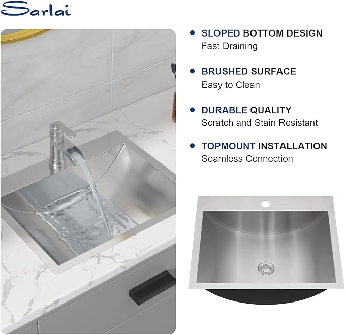 Sarlai Stainless Steel Bathroom Sink Drop in - 21"x17" Bathroom Vanity Sink Stainless Steel Rectangle Topmount Bathroom Lavatory Restroom Sinks Basin with Pop Up Drain