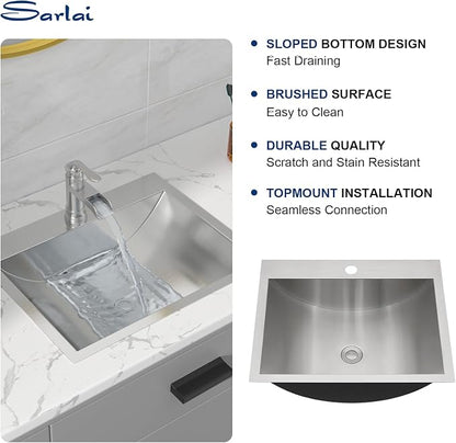 Sarlai Stainless Steel Bathroom Sink Drop in - 21"x17" Bathroom Vanity Sink Stainless Steel Rectangle Topmount Bathroom Lavatory Restroom Sinks Basin with Pop Up Drain
