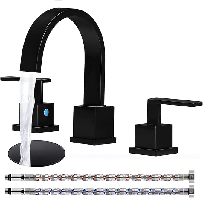 KINGO HOME Matte Black Bathroom Faucet, Black Faucet Bathroom 3 Hole 8inch Widespread Waterfall 2 Handle Black Faucets Bathroom Sink Vanity Faucet with Pop Up Drain and Supply Lines