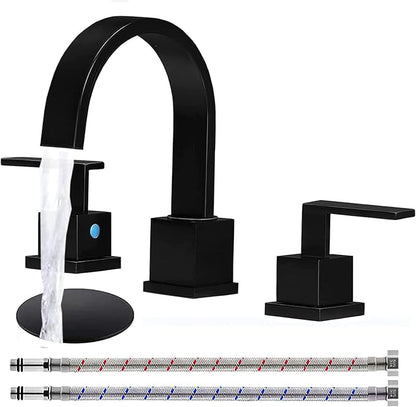 KINGO HOME Matte Black Bathroom Faucet, Black Faucet Bathroom 3 Hole 8inch Widespread Waterfall 2 Handle Black Faucets Bathroom Sink Vanity Faucet with Pop Up Drain and Supply Lines