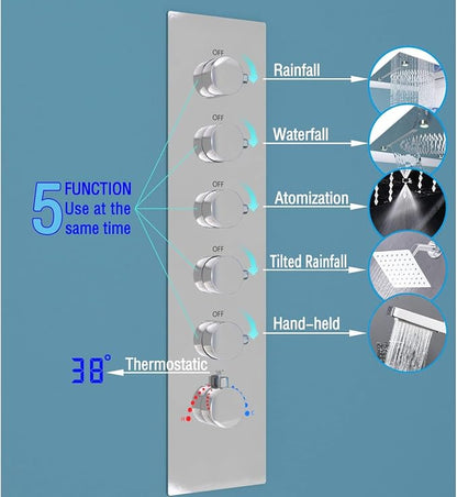 Enga Luxury Dual Shower Head System LED Thermostatic Shower System with 6 inch Wall Shower, 20-Inch 3 Function Shower Head (Rainfall & Mist & Waterfall), Chrome