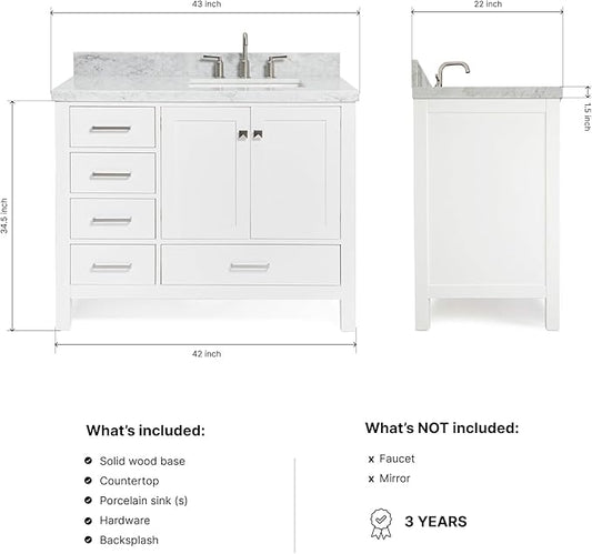 ARIEL Cambridge 42-inch Bathroom Vanity with Sink,Solid Wood, 1.5-inch Italian Carrara Marble Countertop, Single Rectangular Porcelain Sink, 2 Soft Closing Doors, 5 Dovetail Drawers, White
