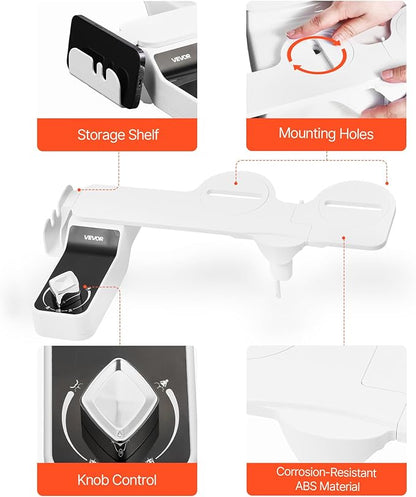 VEVOR Bidet Attachment for Toilet, 0.3" Ultra Thin Bidet Toilet Seat Attachment - Dual Retractable Nozzles, Adjustable Water Pressure, Non-Electric Cold Water Sprayer for Front Rear Water Wash, White
