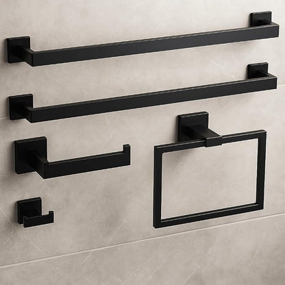 Matte Black 5-Piece SUS304 Stainless Steel Bathroom Hardware Set | Includes two 23.8-inch towel bars, one toilet paper holder, one towel ring and one robe hook for coordinated wall storage.