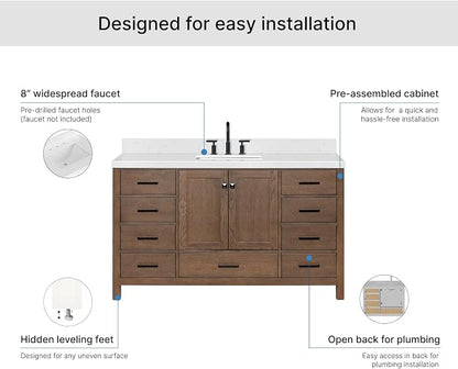ARIEL Cambridge 60-inch Bathroom Vanity with Sink,Solid Wood, 1.5-inch Carrara White Quartz Countertop, Single Rectangular Porcelain Sink, 2 Soft Closing Doors, 9 Dovetail Drawers, Brown Oak