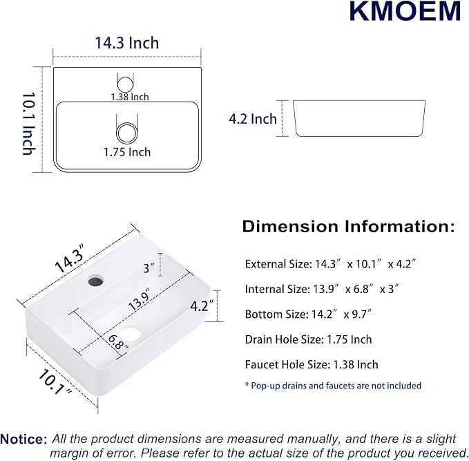 Small Wall Mount Bathroom Vessel Sink 14"x10" Rectangular Floating White Porcelain Ceramic Wall Hung Vanity Basin Sink for Tiny Home,RV,Bathroom