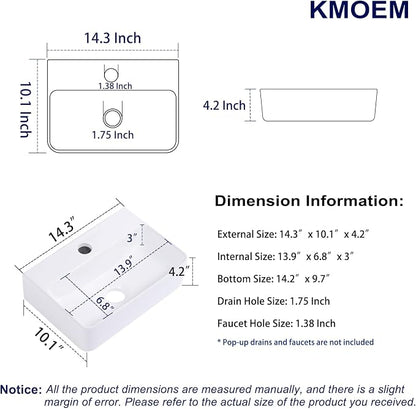 Small Wall Mount Bathroom Vessel Sink 14"x10" Rectangular Floating White Porcelain Ceramic Wall Hung Vanity Basin Sink for Tiny Home,RV,Bathroom