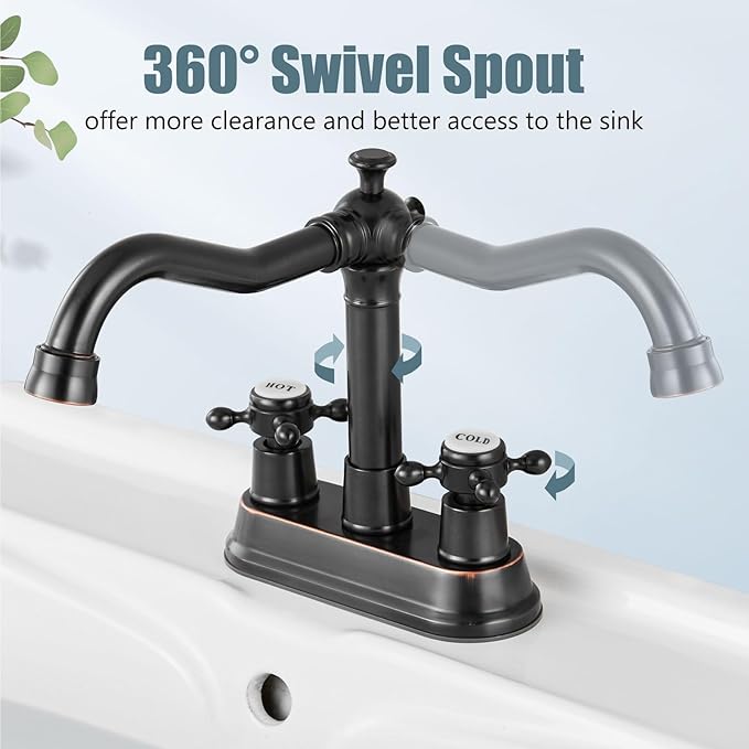 Aolemi 4 Inch Centerset Bathroom Sink Faucet Vintage 2 Cross Handle RV Mixer Tap Basin Vanity Lavatory Utility for Sink 3 Hole Include Hoses Pop Up Drain Faucet Handle with Label Oil Rubbed Bronze