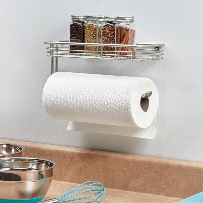 iDesign Classico Steel Wall Mounted Paper Towel Holder with Shelf Paper Towel Dispenser for Kitchen, Bathroom, Laundry Room, Garage, Office , Satin