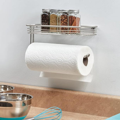 iDesign Classico Steel Wall Mounted Paper Towel Holder with Shelf Paper Towel Dispenser for Kitchen, Bathroom, Laundry Room, Garage, Office , Satin