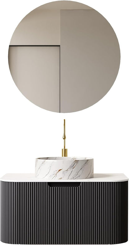 30'' Floating Vanity with Sink Combo, Modern Wall-Mounted Curved Edges Striped Bathroom Storage Cabinet with Soft-Close Drawer and White Stone Pattern Basin, Black