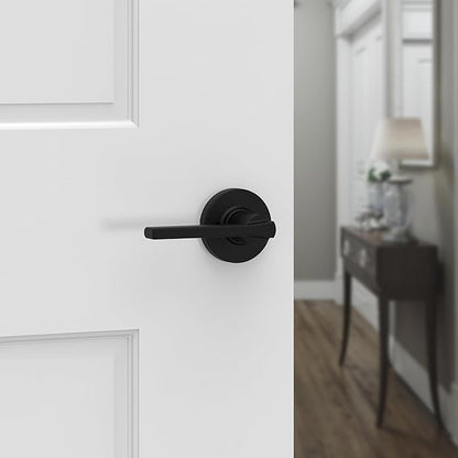 Kwikset Casey Interior Passage Round Door Handle, Lever for Closet and Hallway Doors, Reversible Non-Locking Handle Lever, Matte Black, with Microban Protection