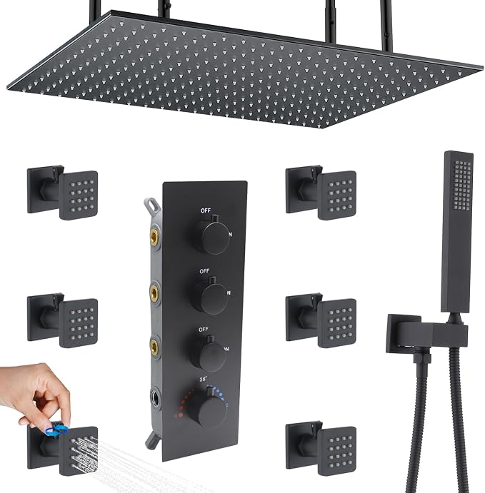 Matte Black Shower System 16 Inches Ceiling Mount Full Body Shower Faucet Set Brass Thermostatic Massage Shower with On/Off Body Jets and Handheld Can Run All At Once