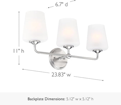 Design House Stasia Vanity Light, 3-Light, Sleek Modern Arms, Frosted Glass Glow, Dimmable, Dual-Mount Option, E26 Socket, Satin Nickel, 23.8 in L x 6.7 in W x 11.0 in H, 589291