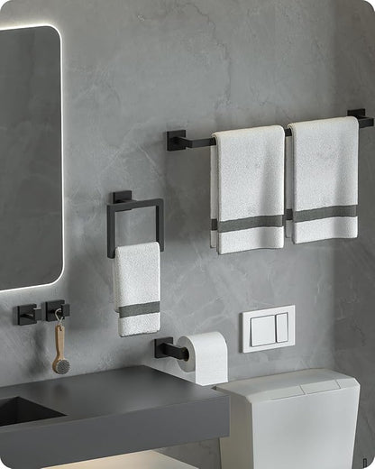 10-Piece Matte Black Bathroom Hardware Set, 16" Towel Bar Set, Modern Square Bathroom Accessories Kit with 2 Toilet Paper Holders, 2 Towel Rings, 4 Robe Hooks Bathroom Accessories