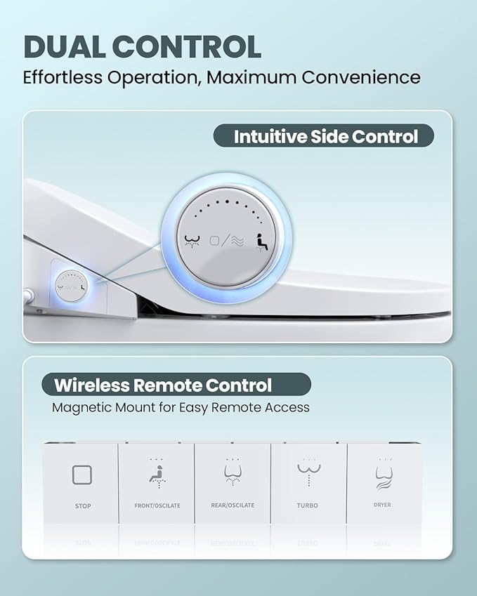 Electric Bidet Toilet Seat Elongated, Heated Toilet Seat with Instant Warm Water & Air Dryer, 6 Wash Modes, Dual Control, Self-Cleaning Nozzle, Soft-Close Lid, Night Light, Eco & Child Friendly