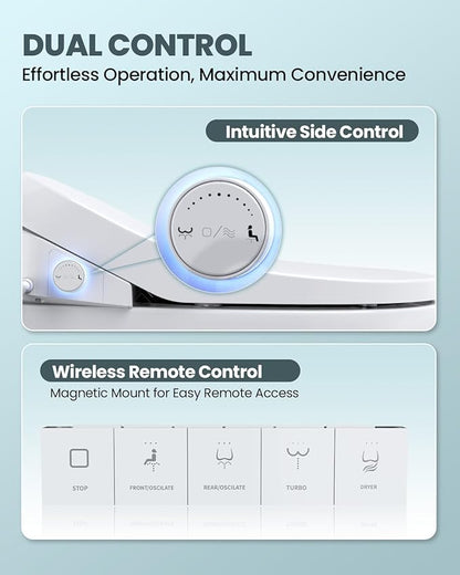Electric Bidet Toilet Seat Elongated, Heated Toilet Seat with Instant Warm Water & Air Dryer, 6 Wash Modes, Dual Control, Self-Cleaning Nozzle, Soft-Close Lid, Night Light, Eco & Child Friendly