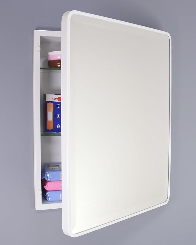 16x20 Austin Farmhouse Metal Framed Rounded Rectangle Recessed Bathroom Medicine Cabinet, Beveled Mirror, 14x18 in-Wall Opening, powder-coated Steel, Adjustable Glass Shelves, Magnet Close, White
