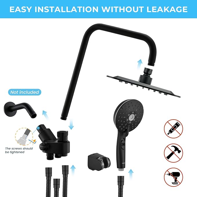 Dual Shower Head Combo, 8'' High Pressure Rain Shower Head with Handheld Spray, 6+1 Spray Settings Handheld Showerhead, Height Adjustable, One-touch Pause Button, Matte Black